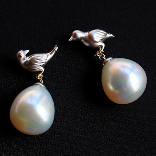 ◆闪亮的小鸟珍珠◆绝美澳白大水滴海水珍珠耳坠（15*13.2mm）
