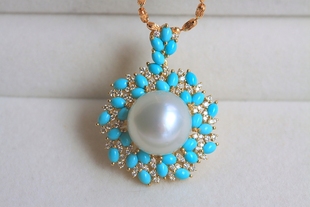 ◆惊为天人◆惊艳一片!15.5mm澳白海水珍珠配原矿绿松石精镶吊坠