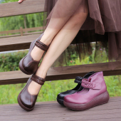 真皮松糕女靴休闲复古坡跟小香风短靴厚底裸靴 新款 高帮鞋 春秋单鞋