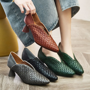 美式 子新款 春秋网红真皮手工编织高跟鞋 复古潮牌粗跟浅口女士单鞋
