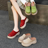 罗马鞋 夏季 复古松糕真皮一字拖外穿 2026新款 厚底包头女士休闲拖鞋