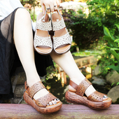 新款 夏季 镂空松糕鱼嘴鞋 清仓厚底休闲女士凉鞋 外穿真皮高跟罗马鞋