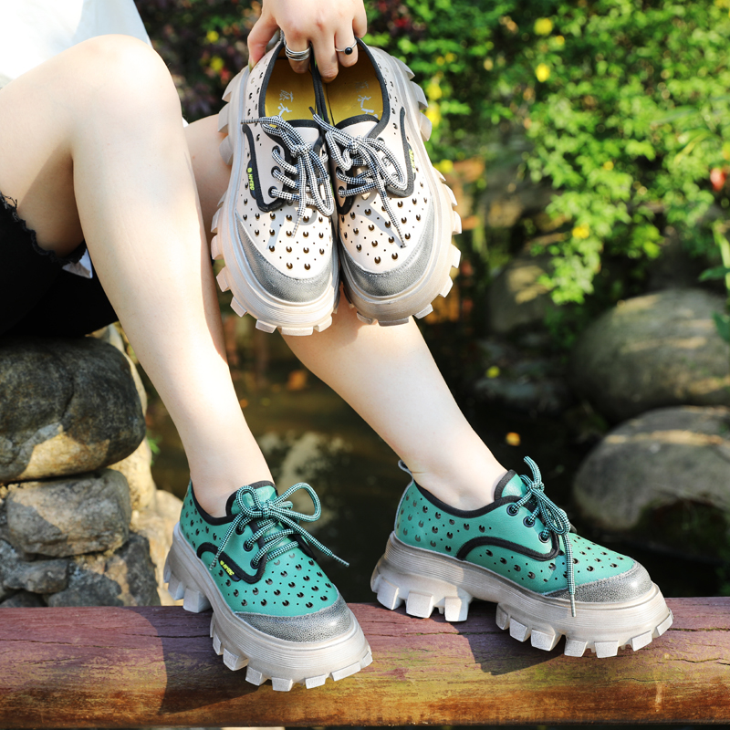 夏季镂空女鞋牛皮松糕休闲单鞋子