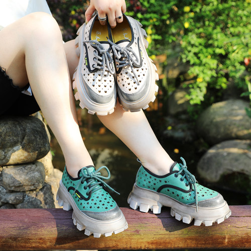 夏季镂空女鞋牛皮松糕休闲单鞋子