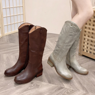 废土风高筒靴女2025新款 加绒女靴复古粗跟及膝长靴子 春秋单靴冬季