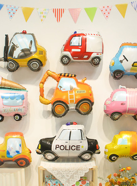 可爱卡通汽车铝膜气球周岁儿童派对幼儿园布置警车消防车生日场景
