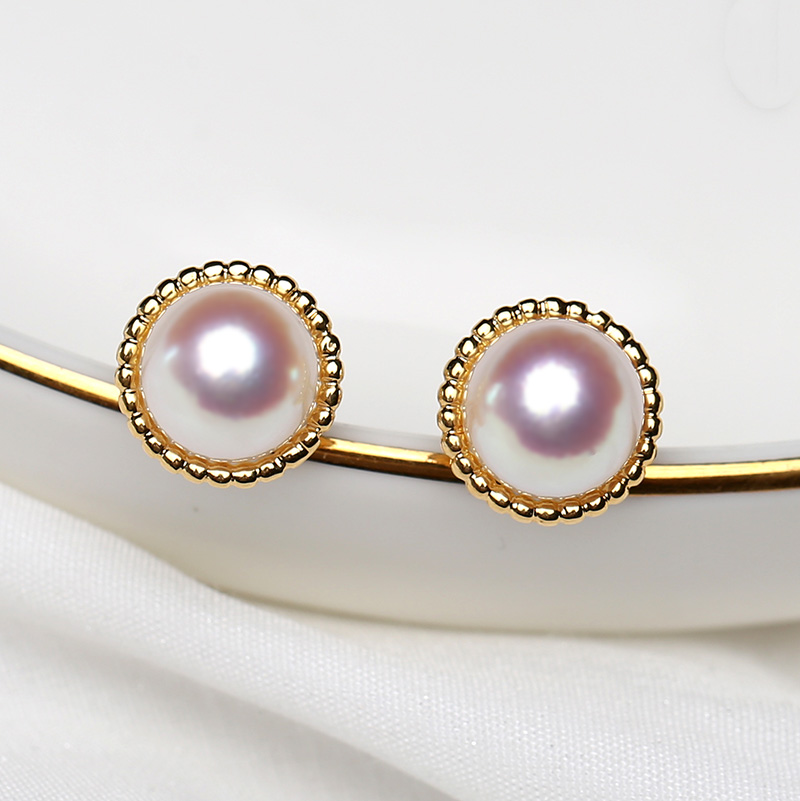 日本Akoya天然海水珍珠耳钉18K黄金麻花耳饰AU750耳环正圆极强光