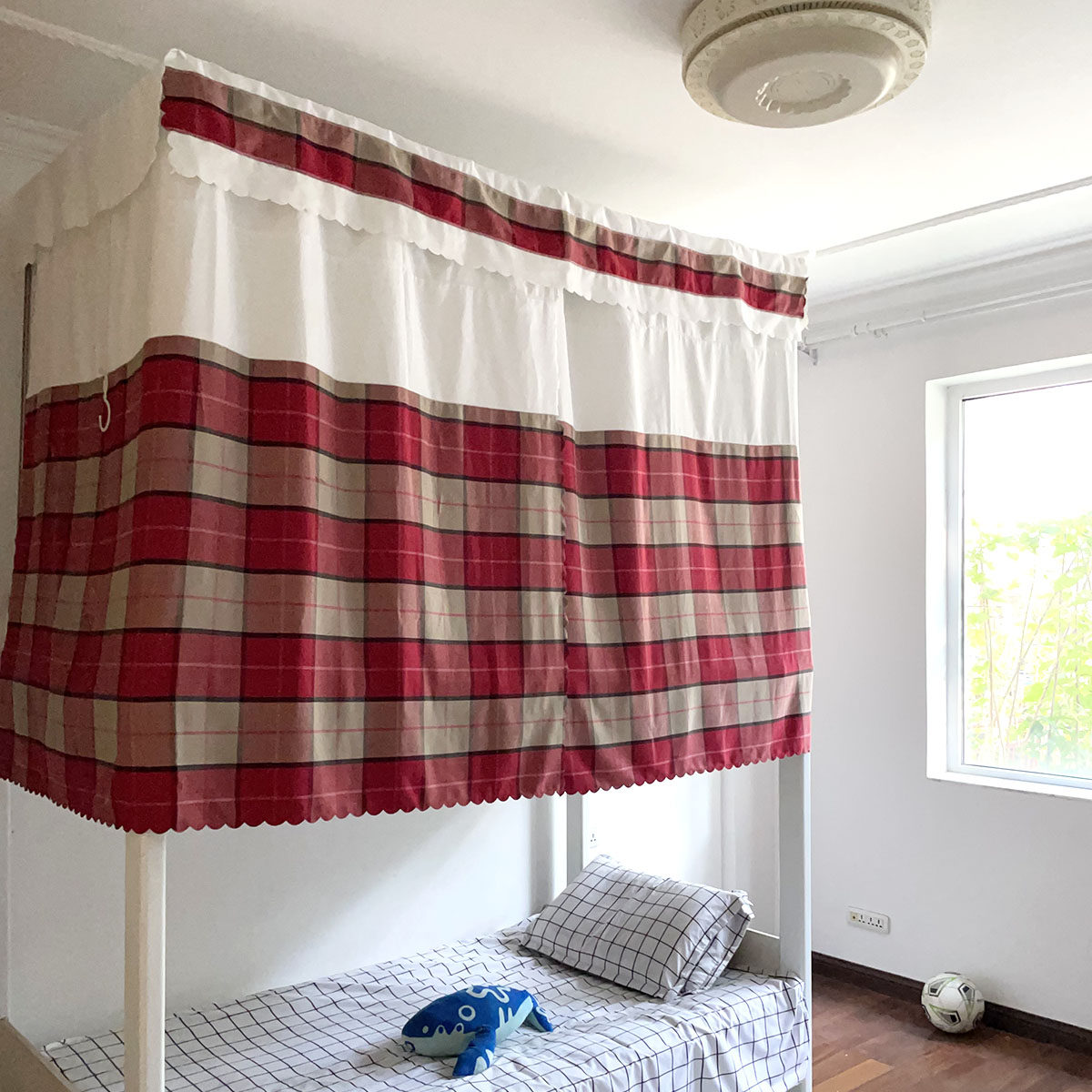 原创简约红白格加厚格纹大学生寝室宿舍上铺下弱遮光透气床帘床幔