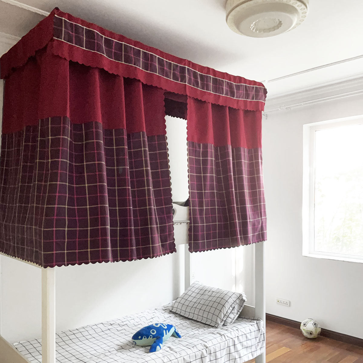 原创简约紫红格加厚格纹大学生寝室宿舍上铺下弱遮光透气床帘床幔