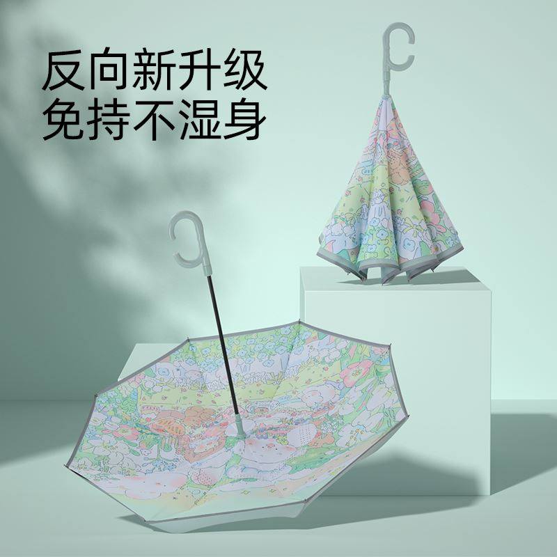 双层反向长柄雨伞女晴雨两用配色自动高颜值大号抗风暴雨男车载伞