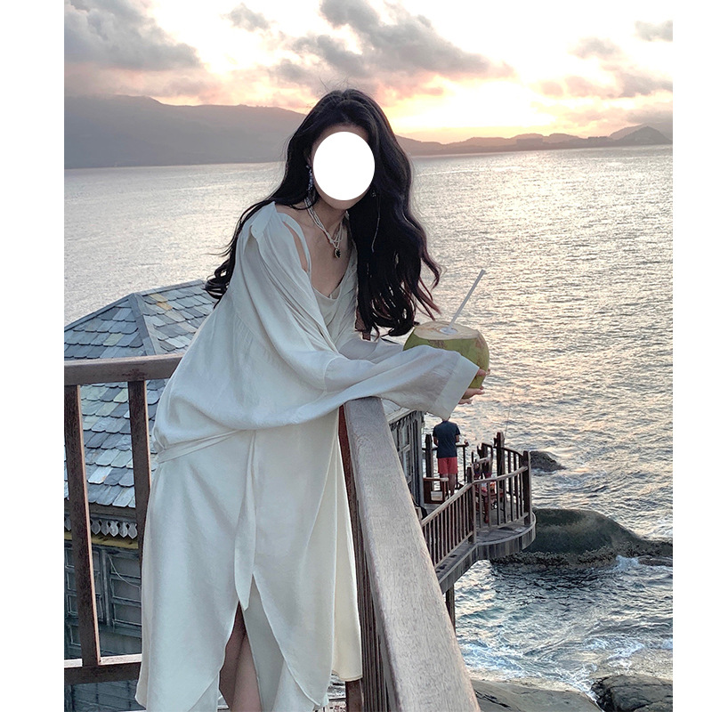 新款白色防晒衬衫外套女春夏中长款长袖宽松法式薄款外搭开衫