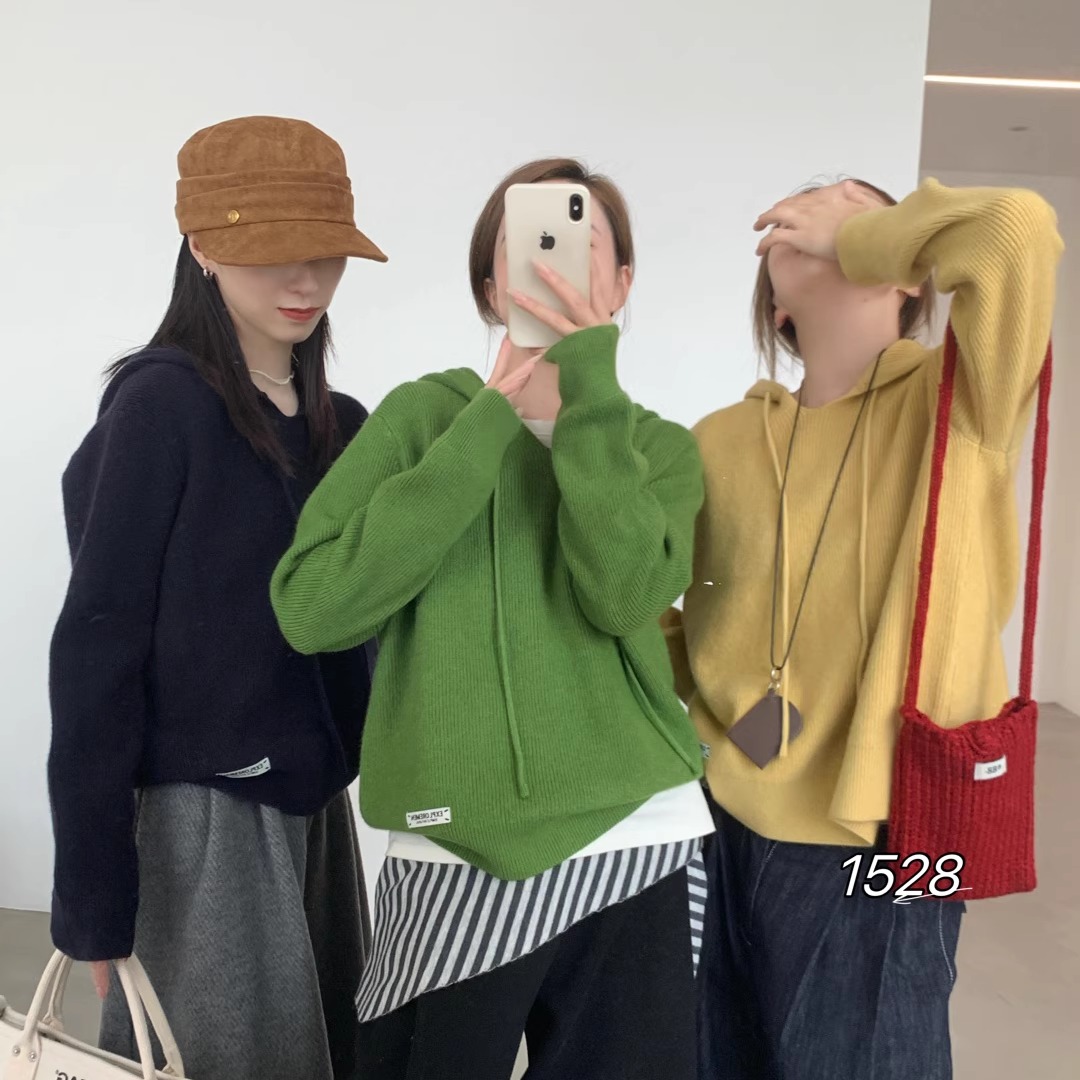 韩系新款简约纯色小V领连帽针织
