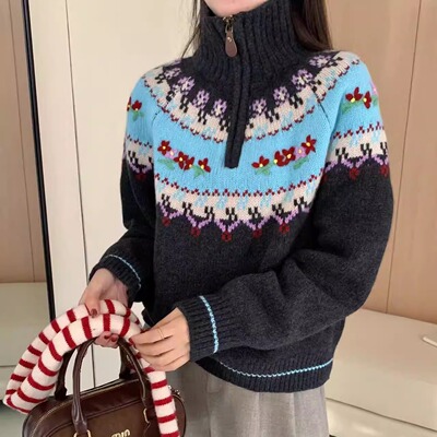 全羊毛费尔岛重工绣花半拉链毛衣