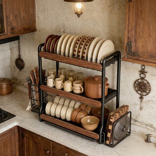 中古风厨房不锈碗碟收纳架沥水架台面多功能置物架碗架碗筷盘碗柜