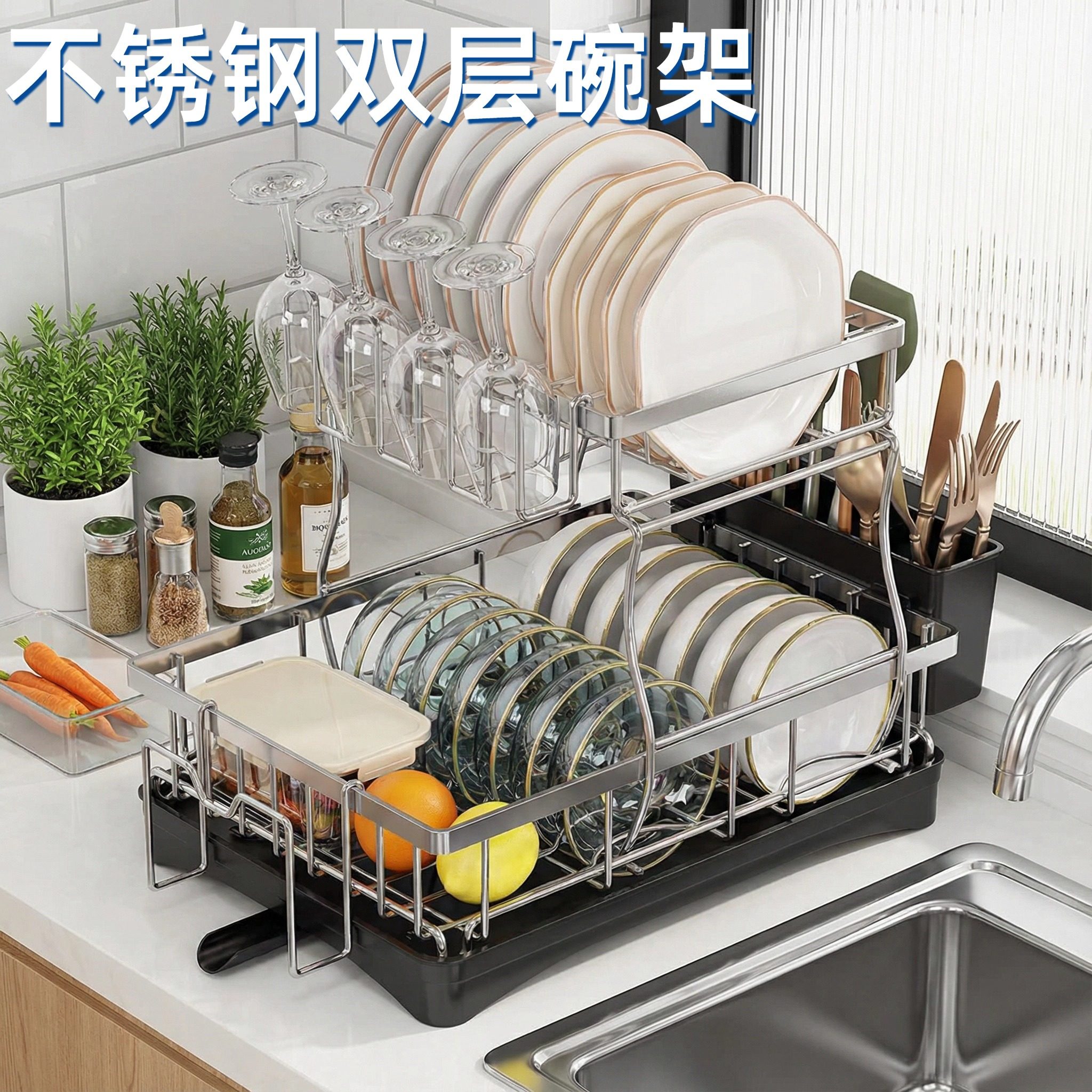 不锈钢双层厨房碗架免安装刀叉水杯收纳置物架沥水碗碟收纳架筷子,厨房/烹饪用具,碗架,淘宝优惠券,粉丝福利购,淘宝优惠卷