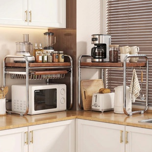 中古风厨房微波炉台面置物架微波炉支架多功能抽拉式 电饭煲收纳架