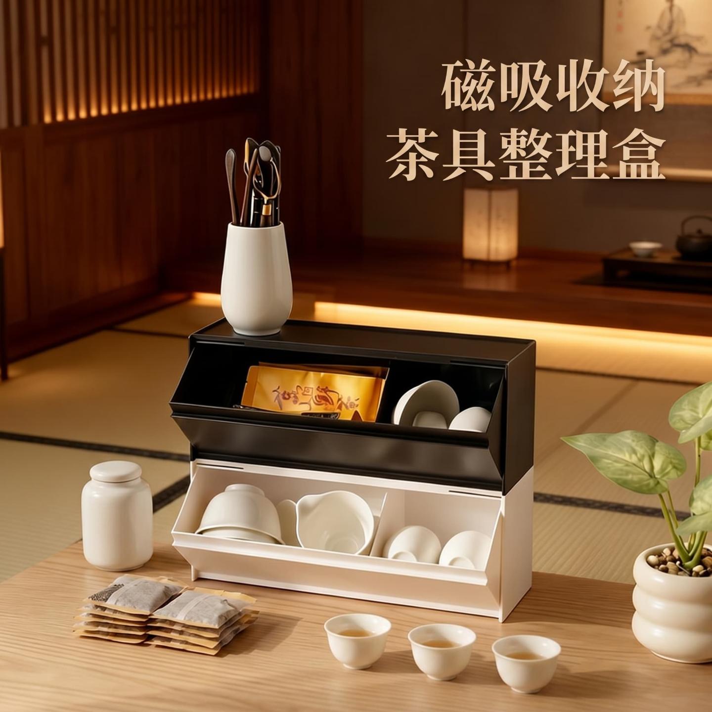多功能磁吸收纳盒带盖分格茶具图片