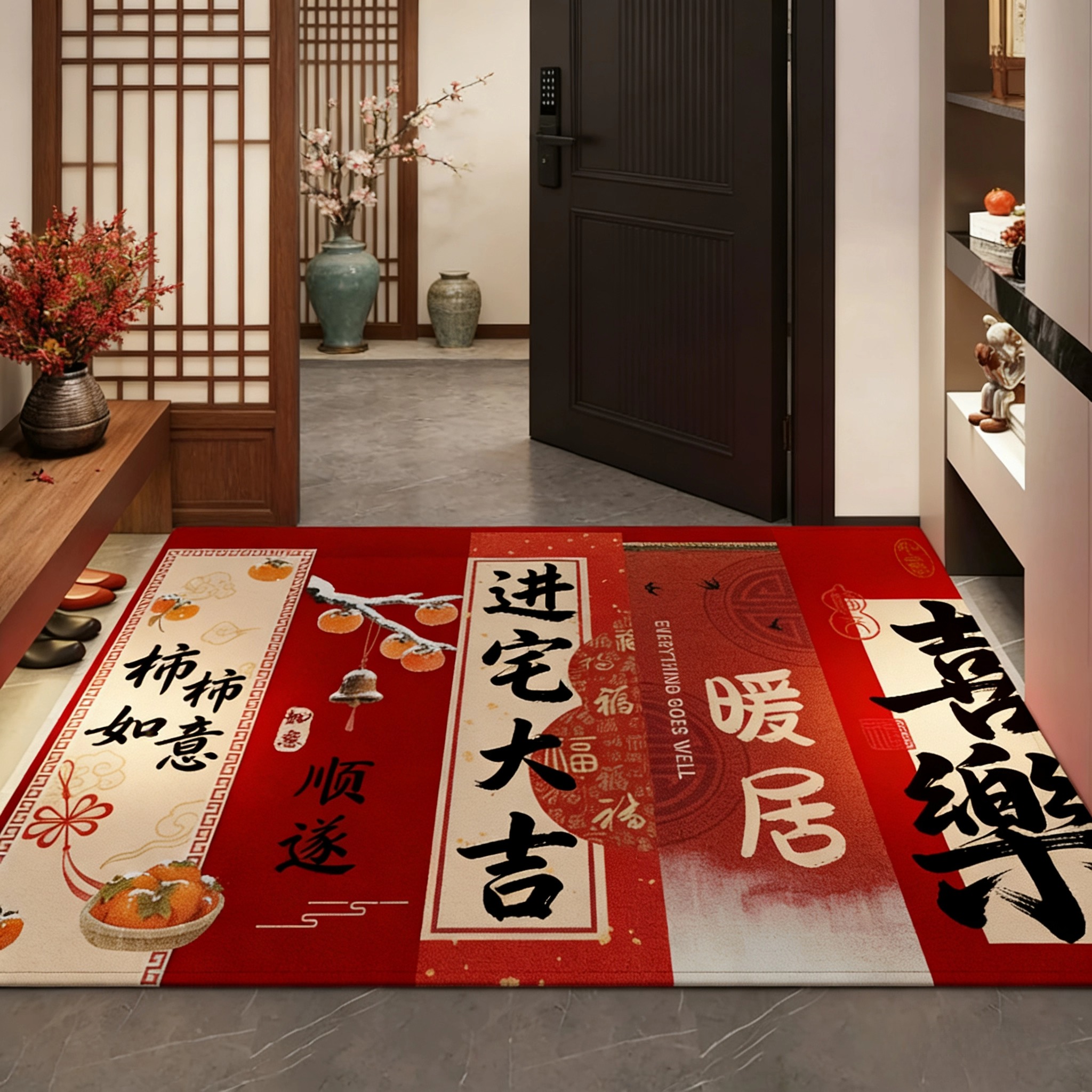 红色喜庆入户门地垫新中式进门