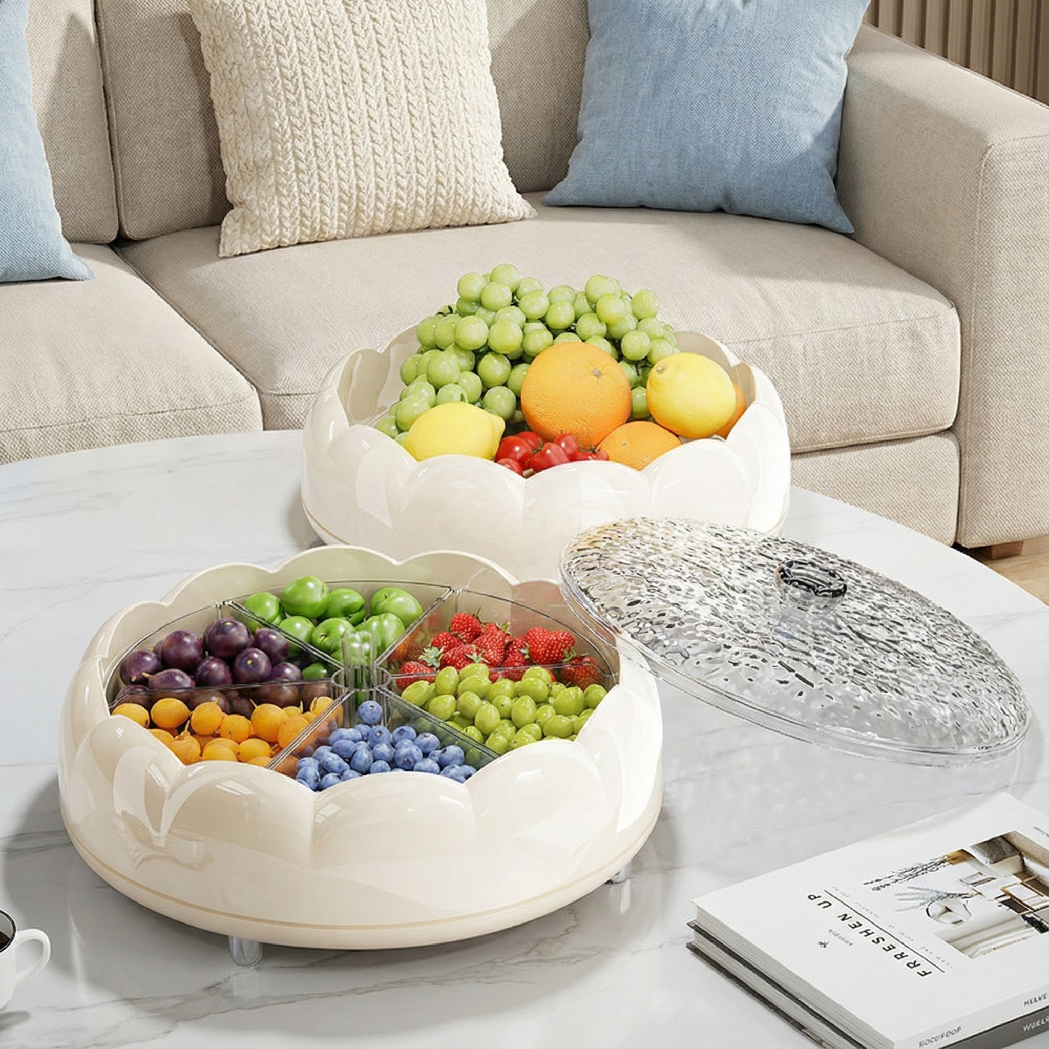 旋转糖果盘分格水果盘客厅茶几桌面零食带盖子瓜子盘干果盒收纳盒