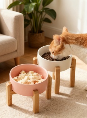 宠物狗食盆狗粮碗猫咪碗陶瓷猫碗加高竹木架保护颈椎喝水碗防打翻