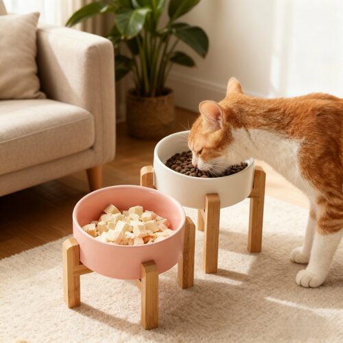 陶瓷猫碗加高木架保护颈椎喝水碗