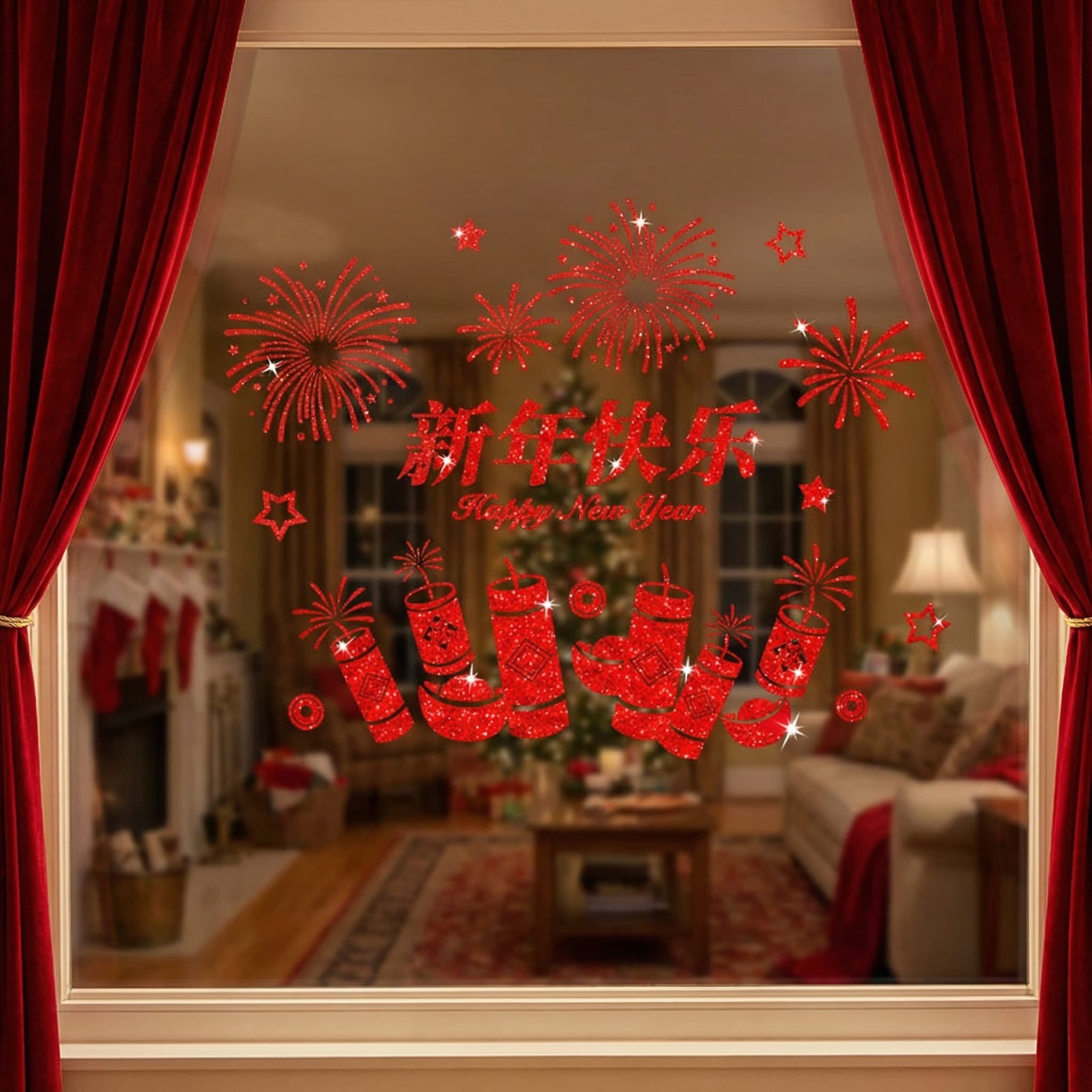 爆竹闪粉静电窗花场景新年快乐红色玻璃门贴店铺橱窗节日布置家用,家居饰品,玻璃膜/贴,淘宝优惠券,粉丝福利购,淘宝优惠卷