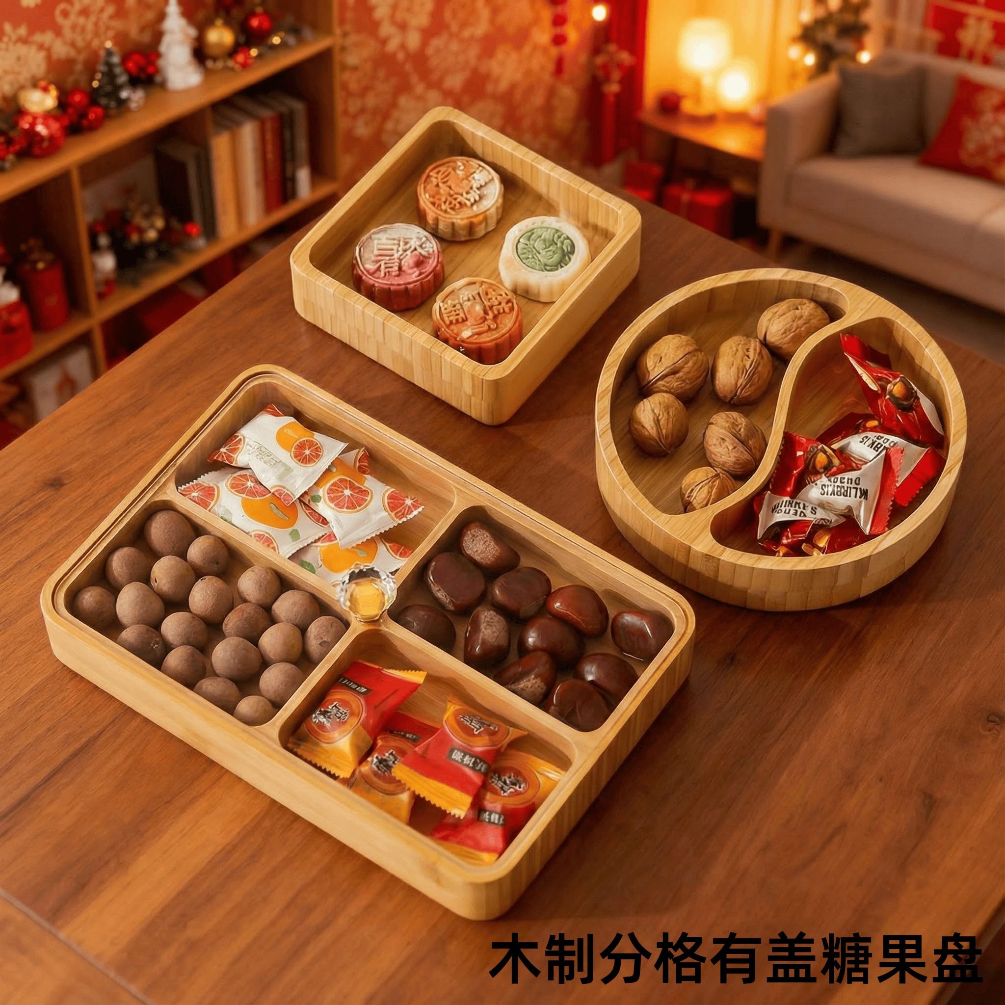 木质干果盘实木糖果点心围炉煮茶托盘家用中式茶盘订婚结婚果盘盒