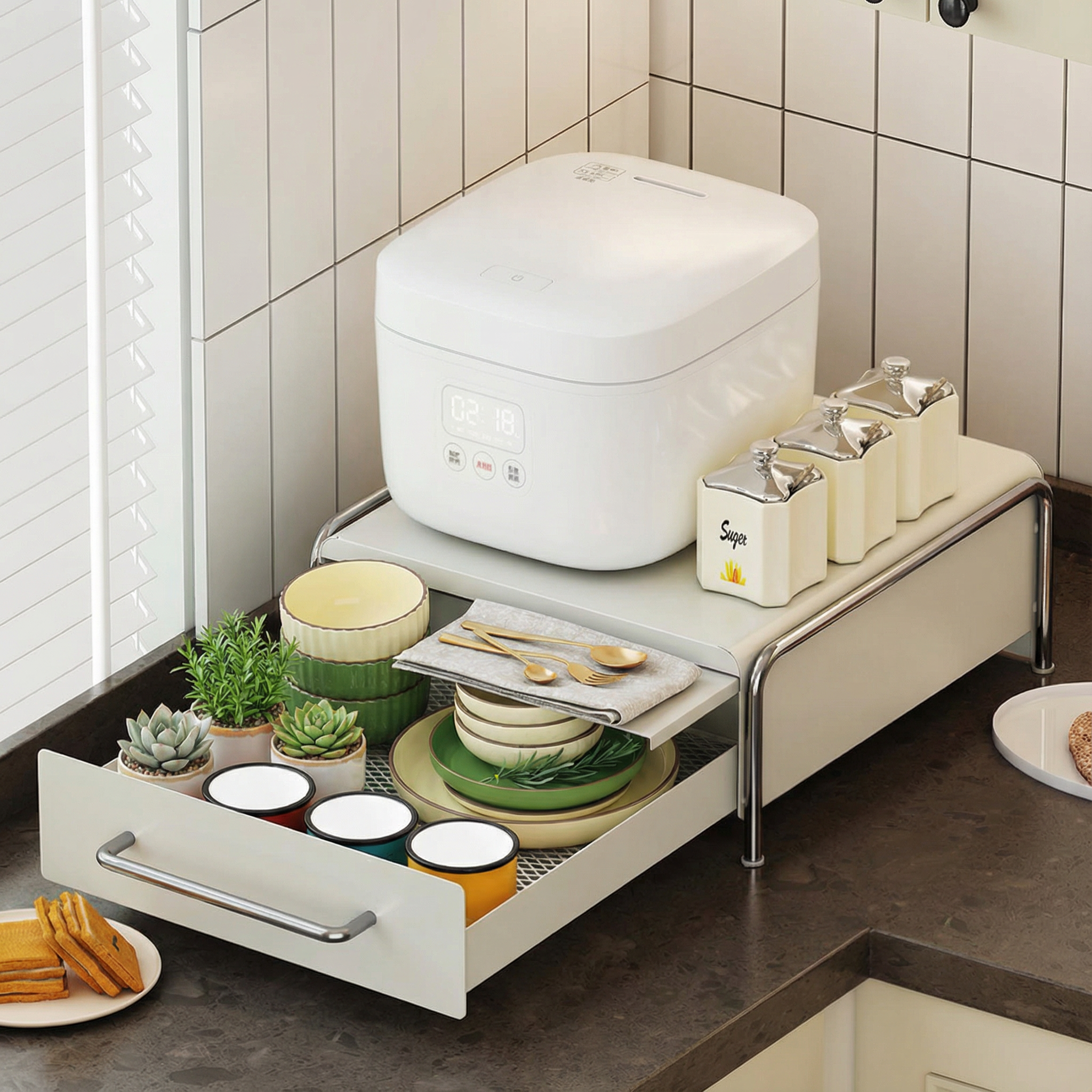 咖啡机置物架带抽拉板抽屉式咖啡胶囊收纳盒茶包餐盘杯子储物架子,厨房/烹饪用具,抹布架/厨房清洁收纳架,淘宝优惠券,粉丝福利购,淘宝优惠卷