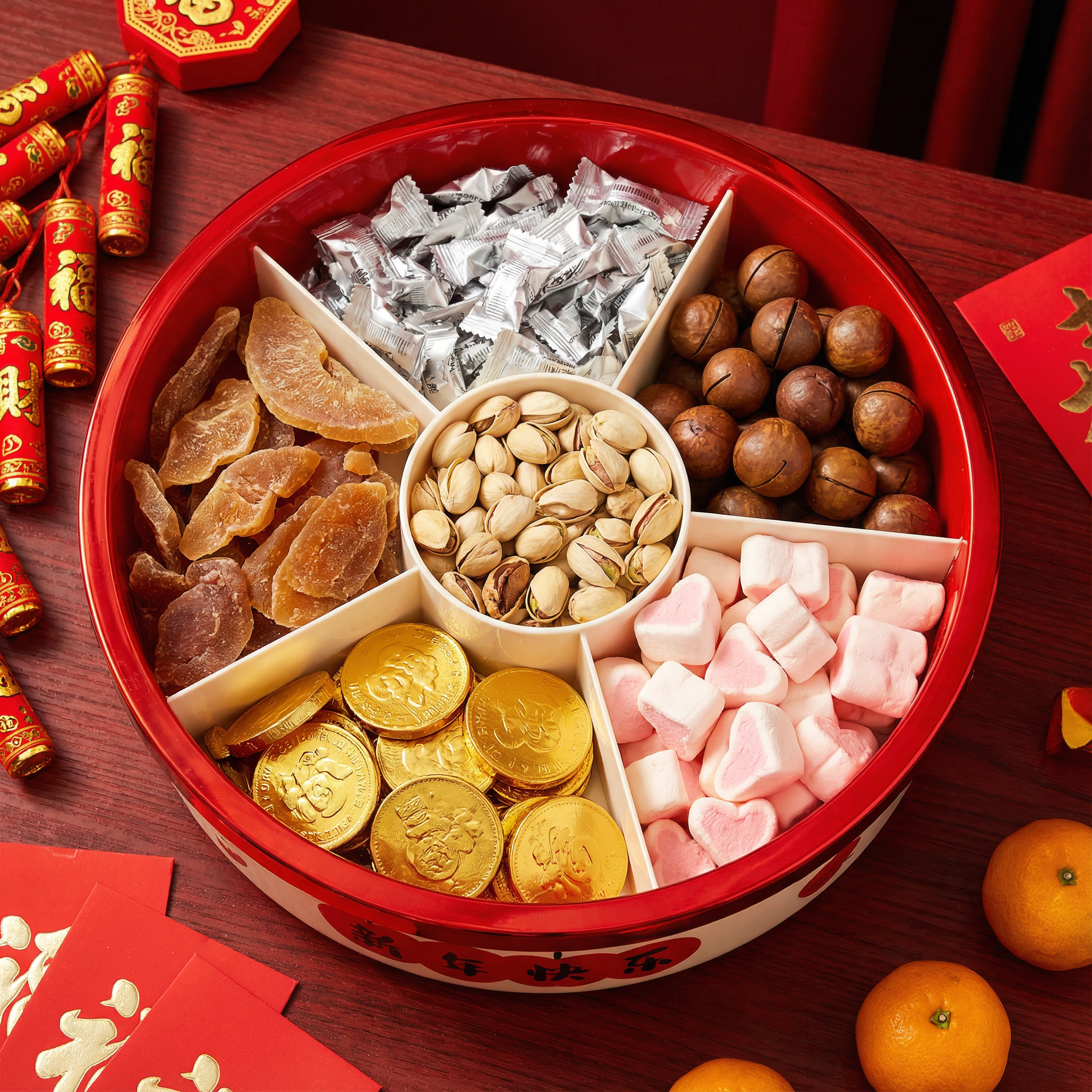 高颜值新年果盘客厅茶几家用干果收纳盒新款零食摆放盘旋转糖果盘