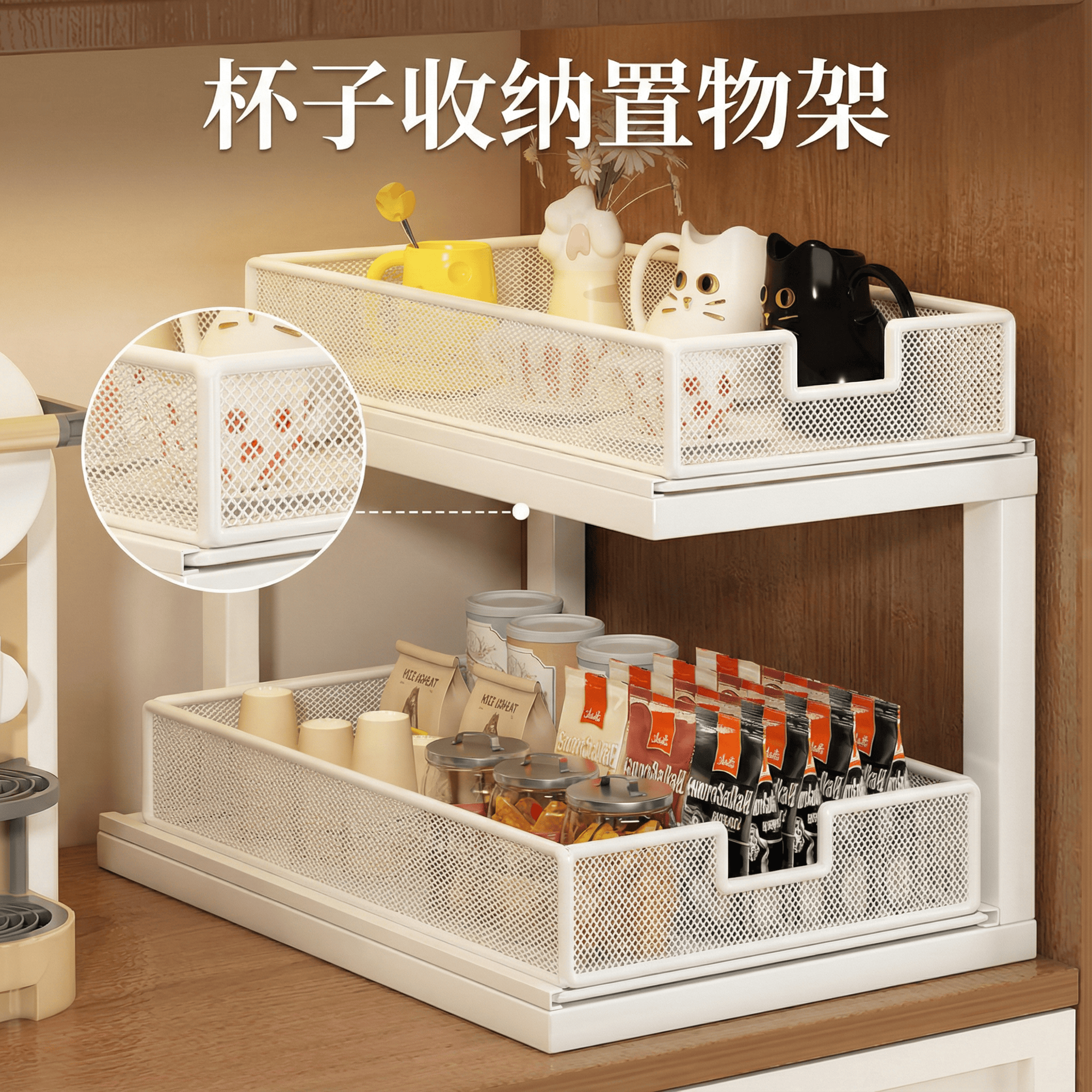 杯子收纳置物架桌面收纳柜子餐边柜咖啡杯茶杯茶具家用桌面抽拉式,收纳整理,书桌收纳置物架,淘宝优惠券,粉丝福利购,淘宝优惠卷