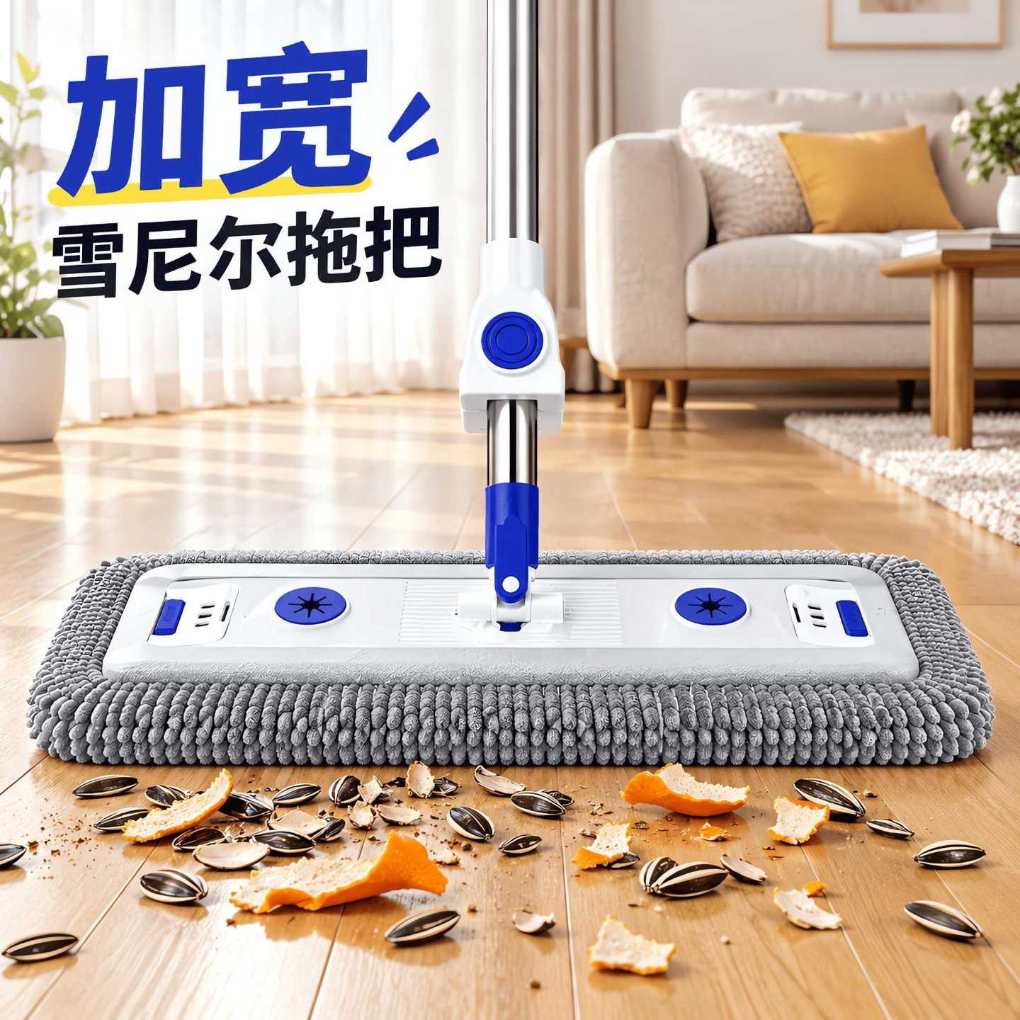 雪尼尔平板拖把一拖净拖布免手洗加厚干湿两粘扣式45cm拖头免水洗