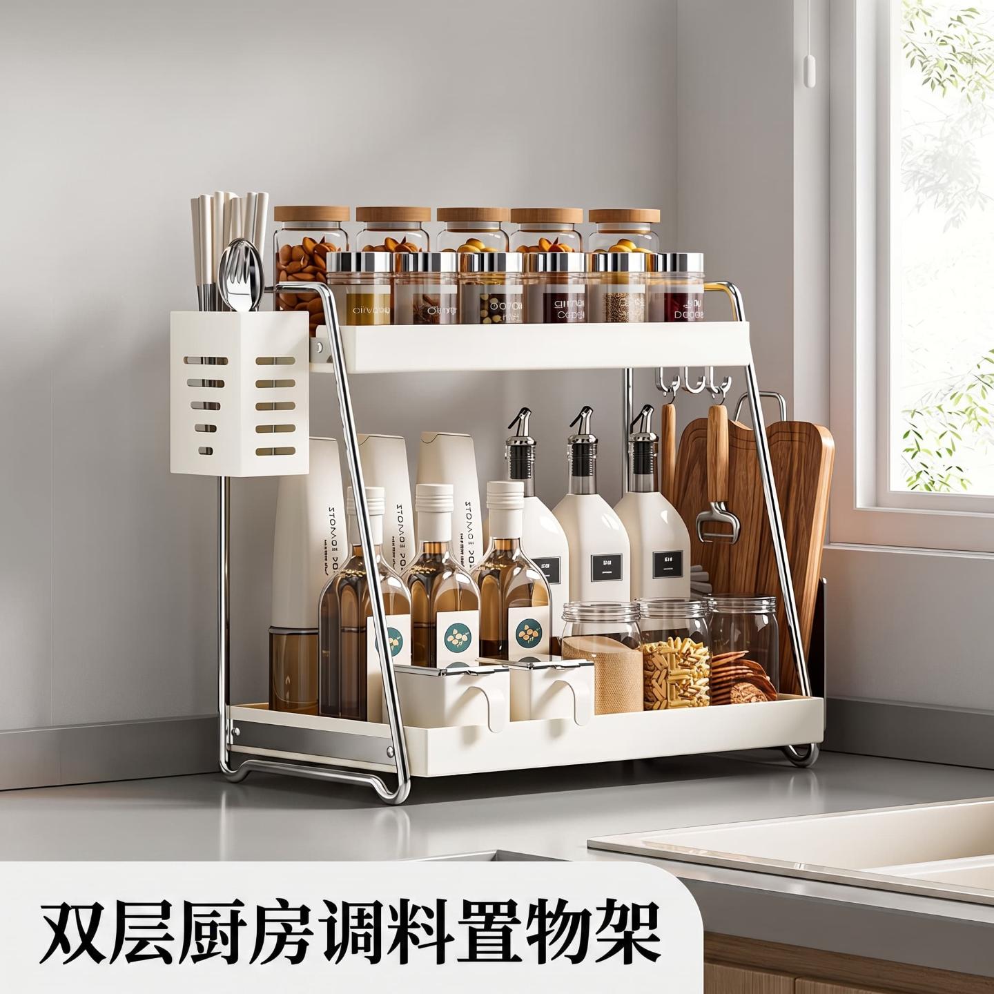 不锈钢调味料架用厨房双层调料架台面整理免打孔落地收纳架调味架