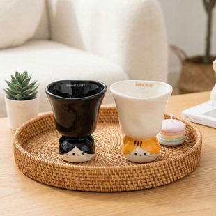 创意猫咪高脚杯陶瓷情侣杯可爱风卡通家用陶瓷杯子情侣高脚杯套装
