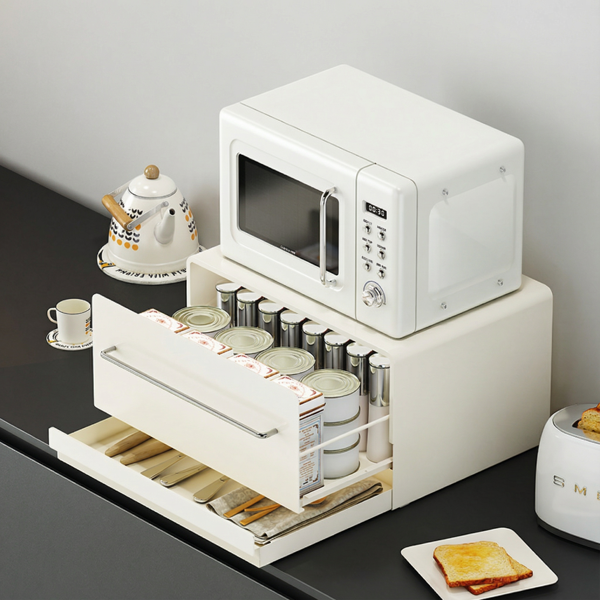 风厨房收纳架抽拉式台面微波炉咖啡机置物架碗碟水杯调料盒分层架,厨房/烹饪用具,微波炉置物架,淘宝优惠券,粉丝福利购,淘宝优惠卷