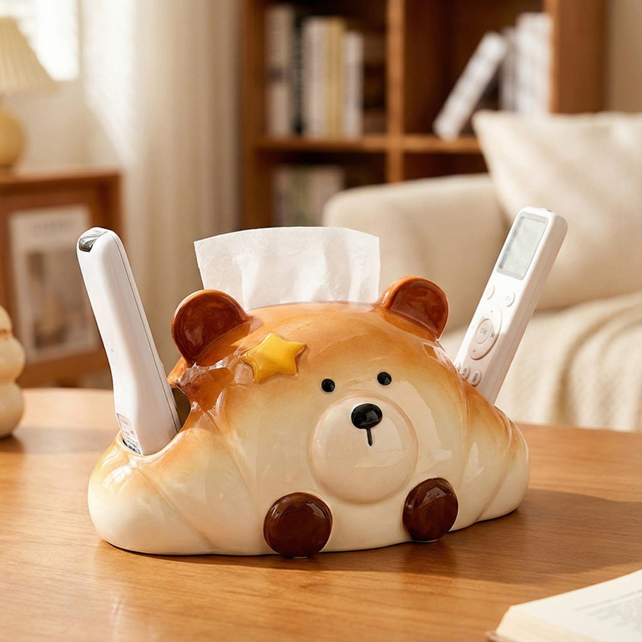 创意可颂熊纸巾盒家用客厅手机支架餐巾纸盒茶几餐桌陶瓷抽纸盒子,家居饰品,装饰纸巾盒,淘宝优惠券,粉丝福利购,淘宝优惠卷