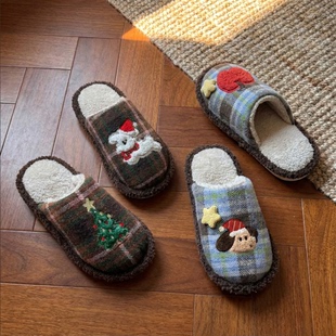 冬天地板棉拖女 卡通可爱室内居家防滑毛毛拖鞋 圣诞树棉拖鞋 秋冬季
