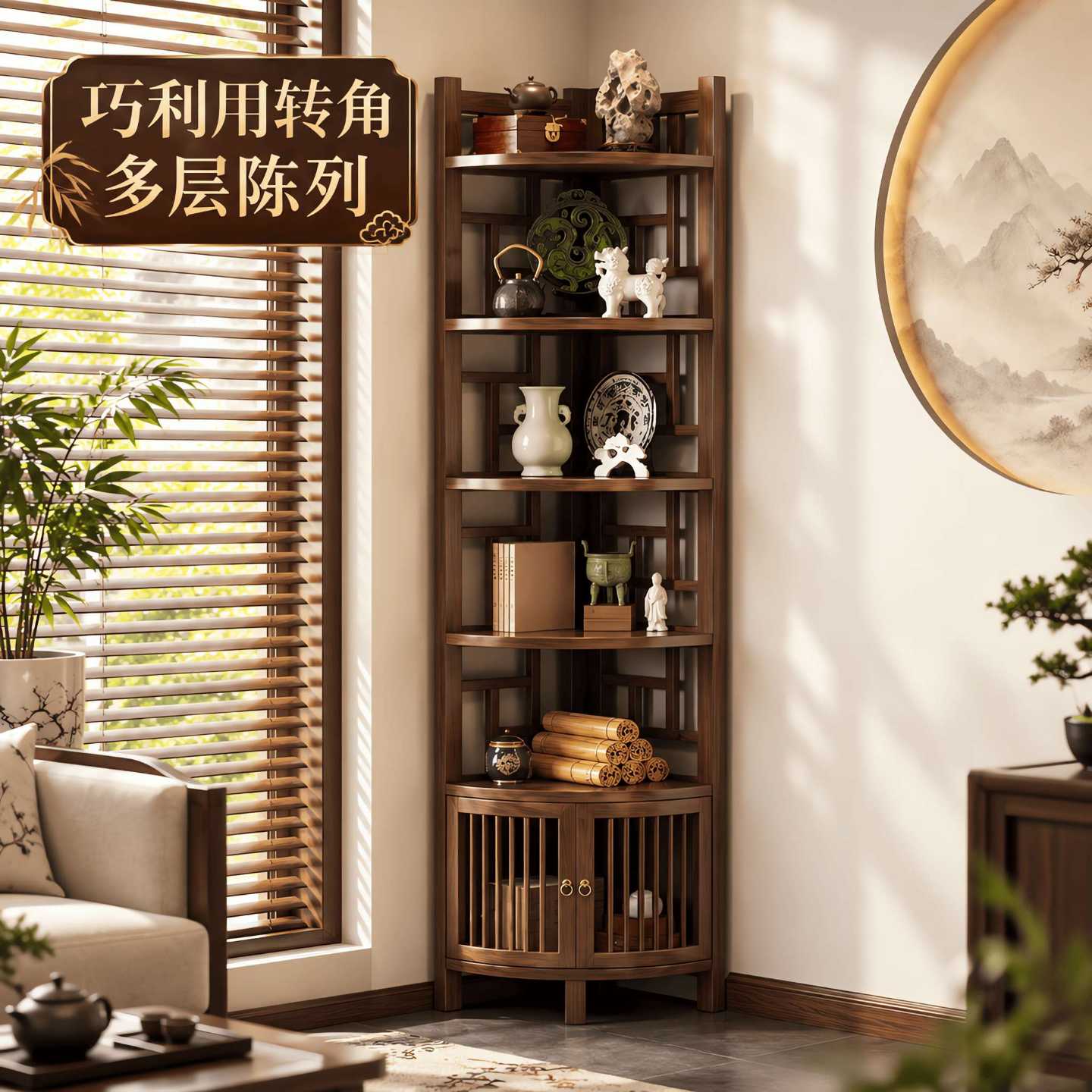 新中式转角置物架茶室多层茶具放置架茶架子多功能茶水柜书房书架
