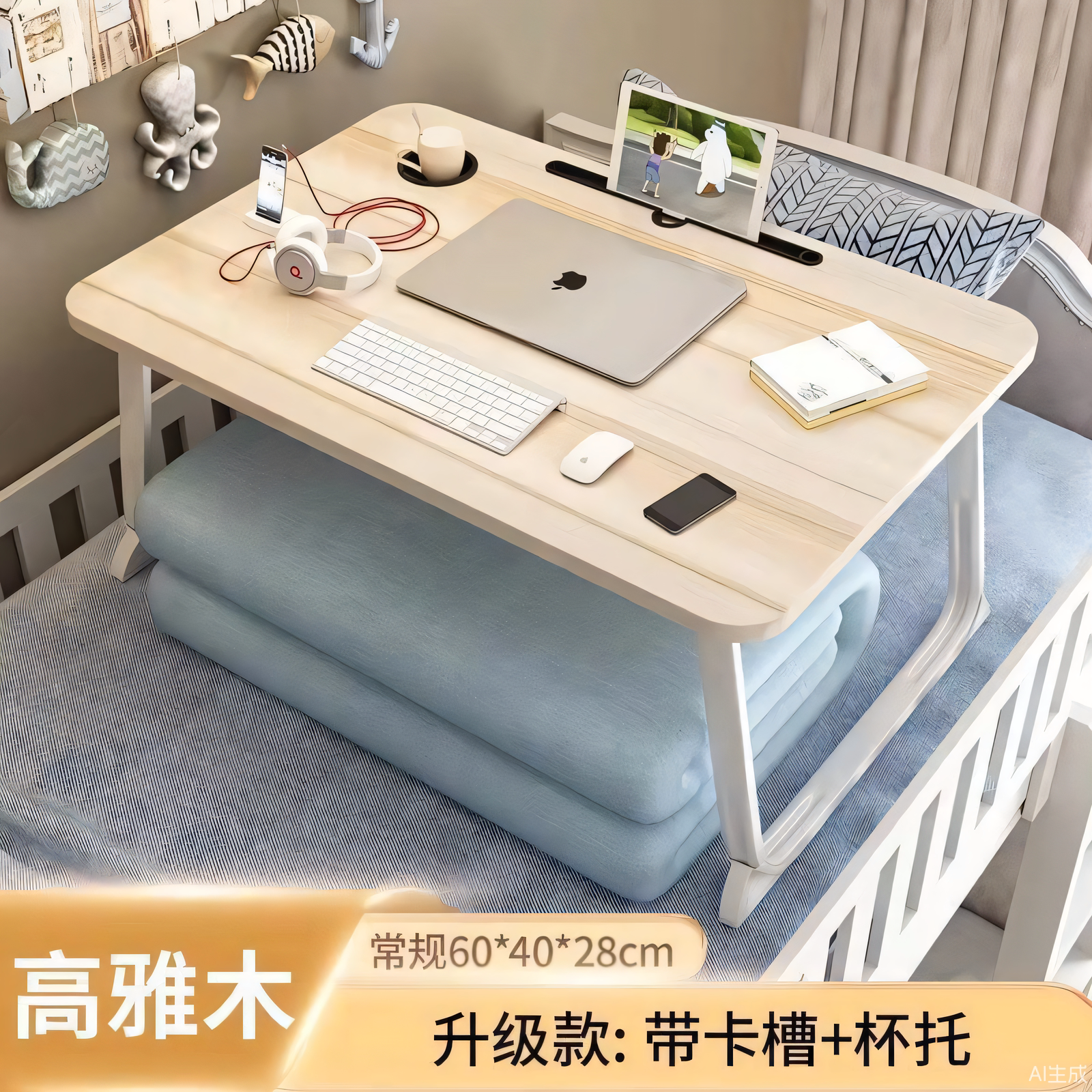 纯色小桌子带杯托卡槽款折叠电脑桌笔记本床上桌电脑折叠桌子家用