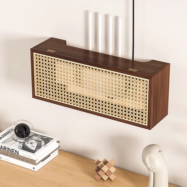 中古风实木藤编线路由器收纳盒墙上壁挂式电视机顶盒收纳置物架子