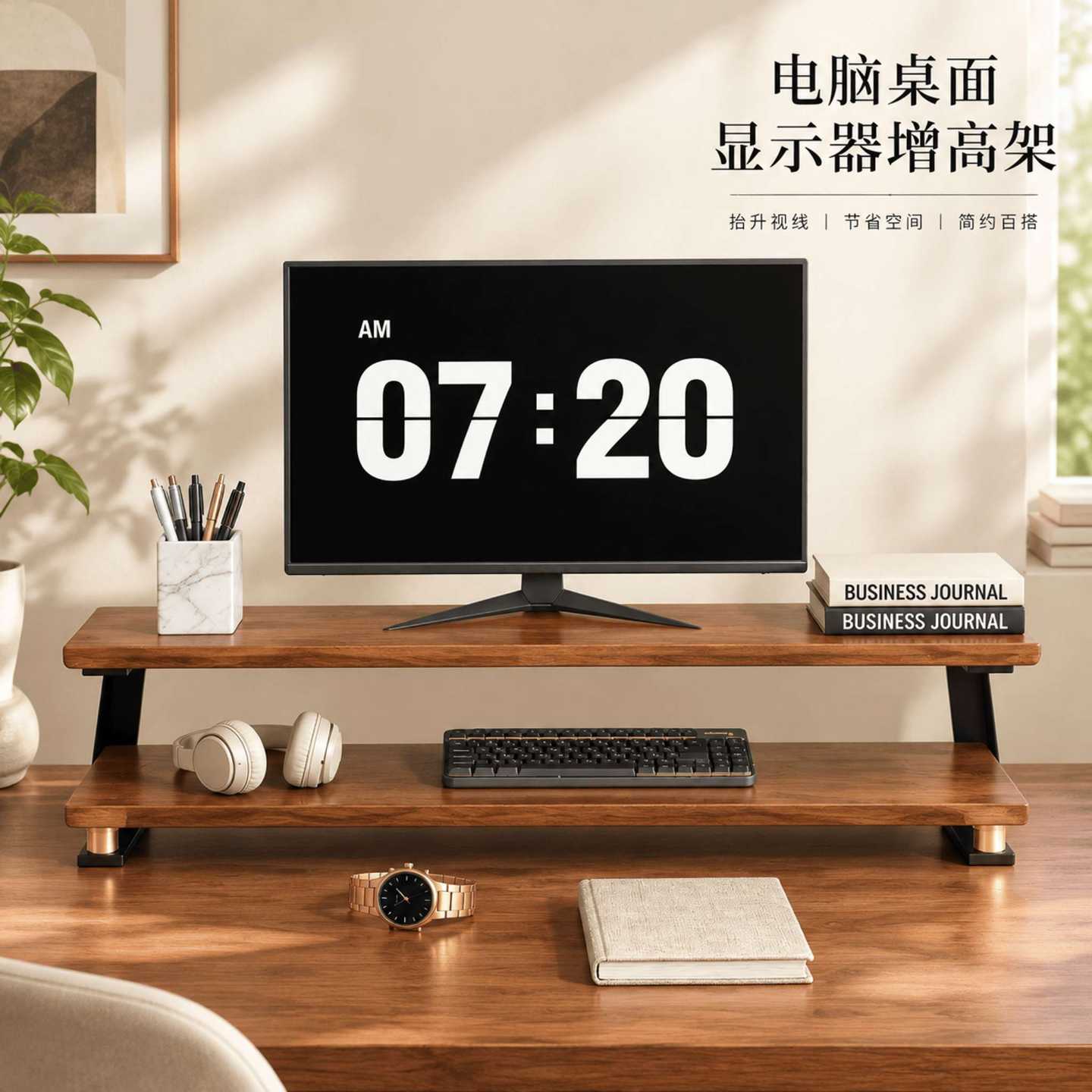 显示器增高架实木电脑桌面置物架屏幕抬高支架办公工位木质免安装