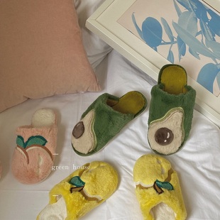 家居鞋 ins水果立体植绒毛绒拖鞋 防 house green