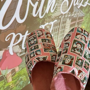 green house * 出口外贸复古动漫卡通邮票皮质四季家居拖鞋