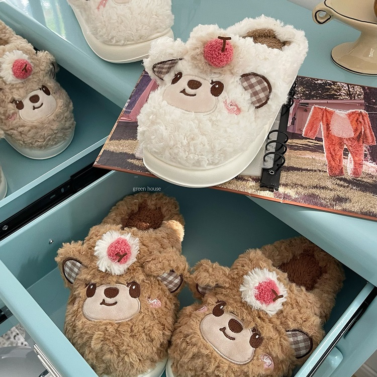 green house*韩国ins可爱樱桃小熊泰迪绒毛绒加厚底防水家居拖鞋