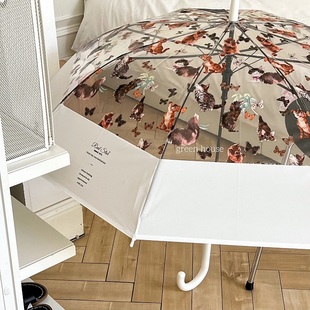 green 复古油画猫咪透明长柄自动伞 house