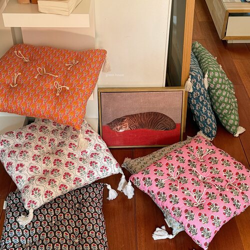 green house*复古碎花流苏蝴蝶结纽扣正反用方形坐垫沙发榻榻米垫