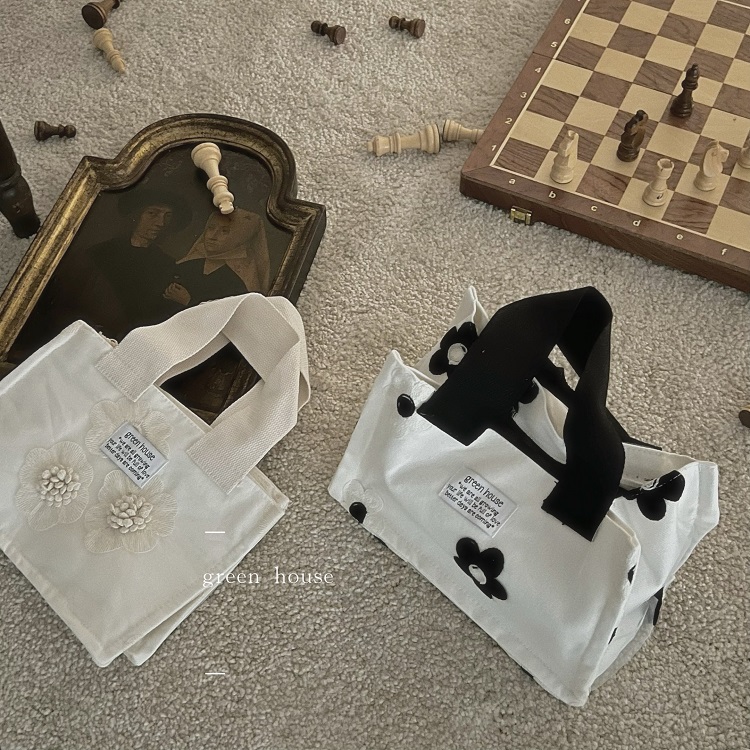 绣花朵格子便携小拎包手提便当袋