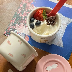 green 小狗繁花隔夜麦片辅食碗带盖排气密封保鲜碗可蒸煮 house