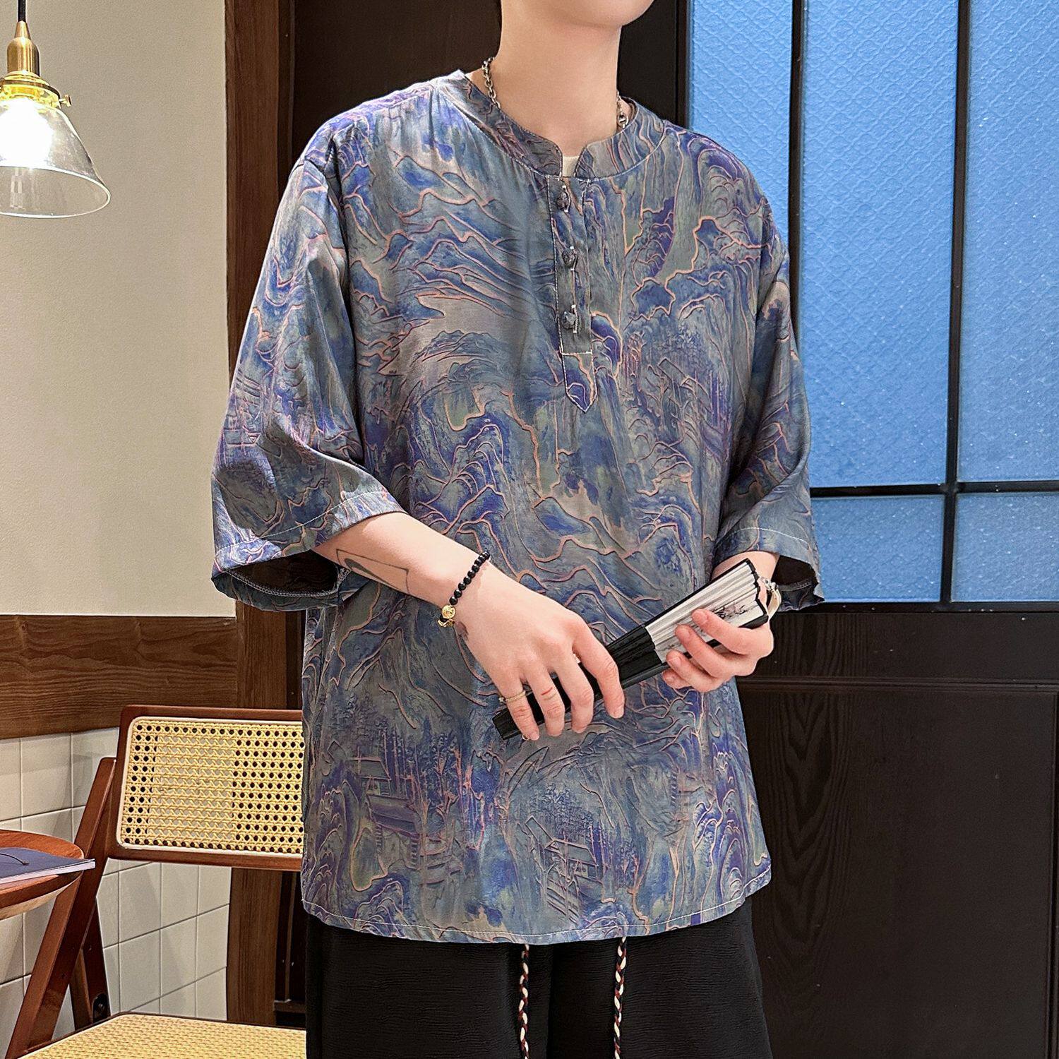 香云纱轻薄新中式水墨山水T恤男风古装唐装宽松大码DT62P45,男装T恤,电商A018