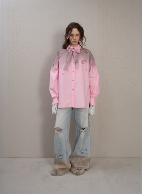 THEA买手店SENSEAWEEK25SS小众设计感爱心刺绣粉色衬衫女宽松休闲