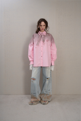 THEA买手店SENSEAWEEK25SS小众设计感爱心刺绣粉色衬衫女宽松休闲